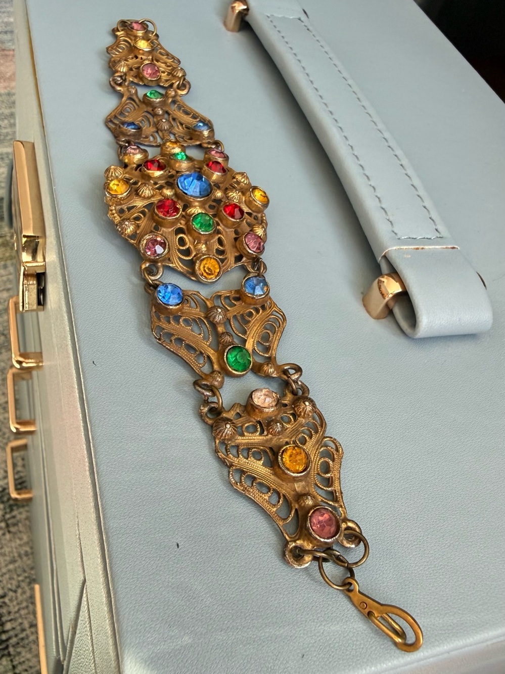 1930s Art Deco Czech Rainbow Glass Filigree Bracelet